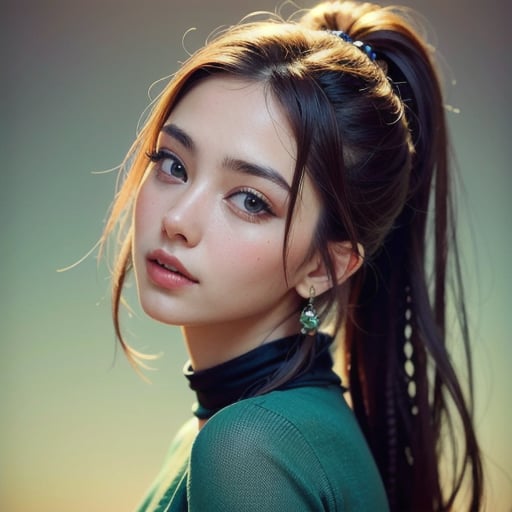 Protrait, beautiful ,big, bobss ,photograph, androgynous hunnuman, oval jaw, delicate features, beautiful face, dreadlocked hair, long bangs, long ponytail, bright blue-green eyes, hindu art, Korean