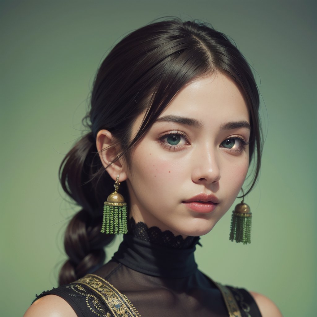 Protrait, photograph, androgynous hunnuman, oval jaw, delicate features, beautiful face, dreadlocked hair, long bangs, long ponytail, bright blue-green eyes, hindu art, Korean