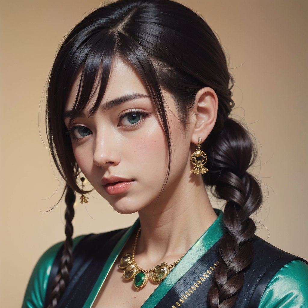 Protrait, photograph, androgynous hunnuman, oval jaw, delicate features, beautiful face, dreadlocked hair, long bangs, long ponytail, bright blue-green eyes, hindu art, Korean