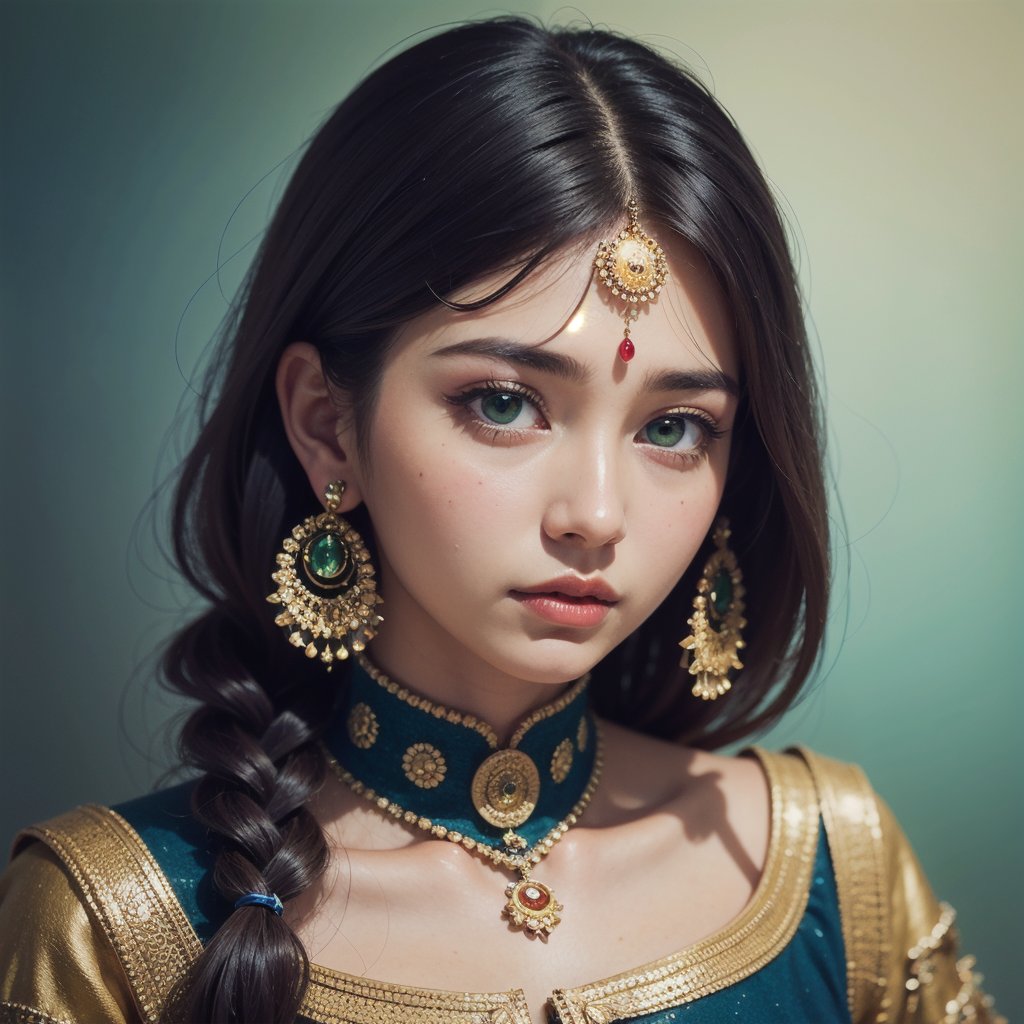 Protrait, photograph, androgynous hunnuman, oval jaw, delicate features, beautiful face, dreadlocked hair, long bangs, long ponytail, bright blue-green eyes, hindu art, Korean