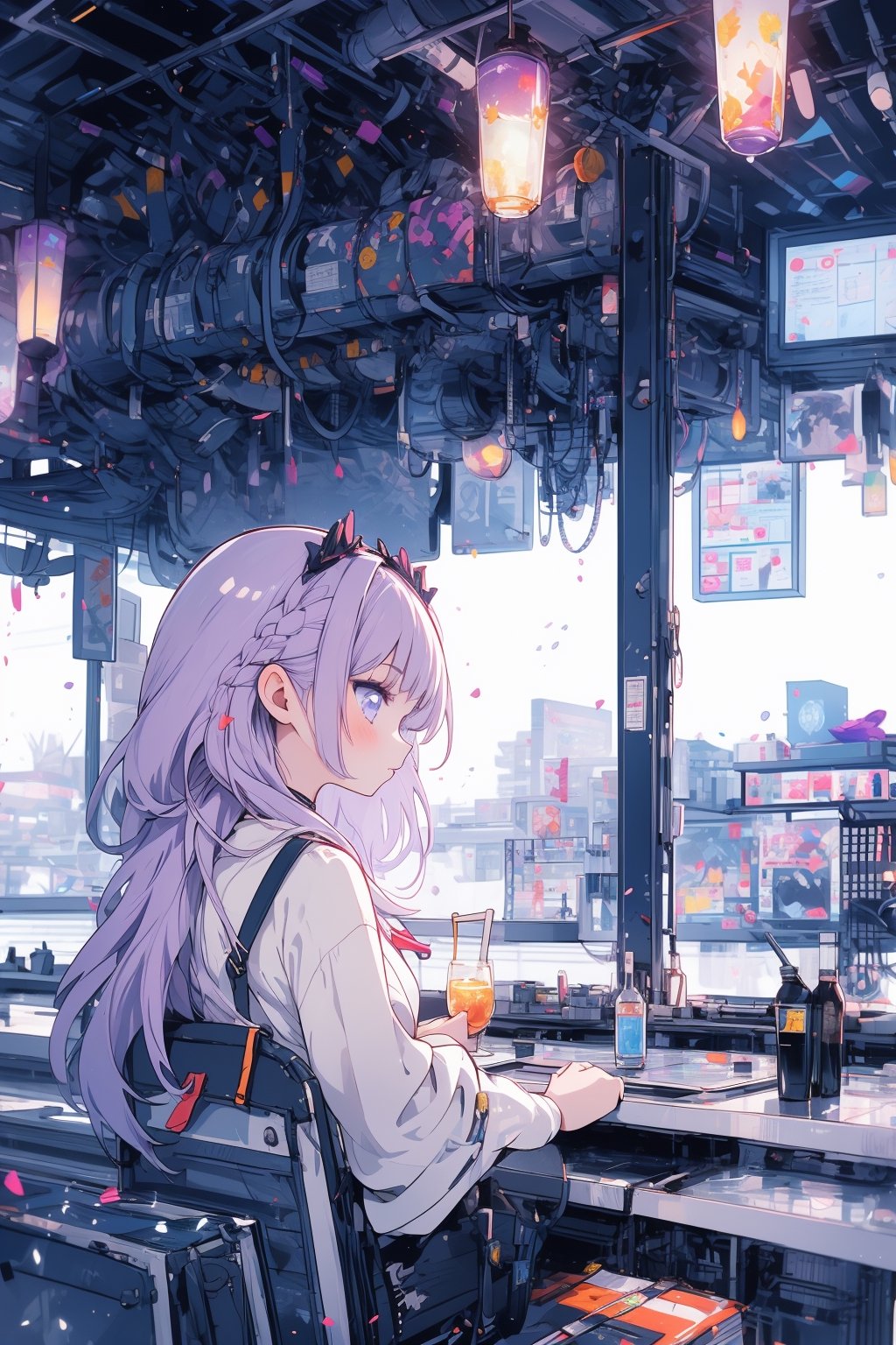 1girl, soft platinum long hair, cute,midjourney, ((purple hair)), far away