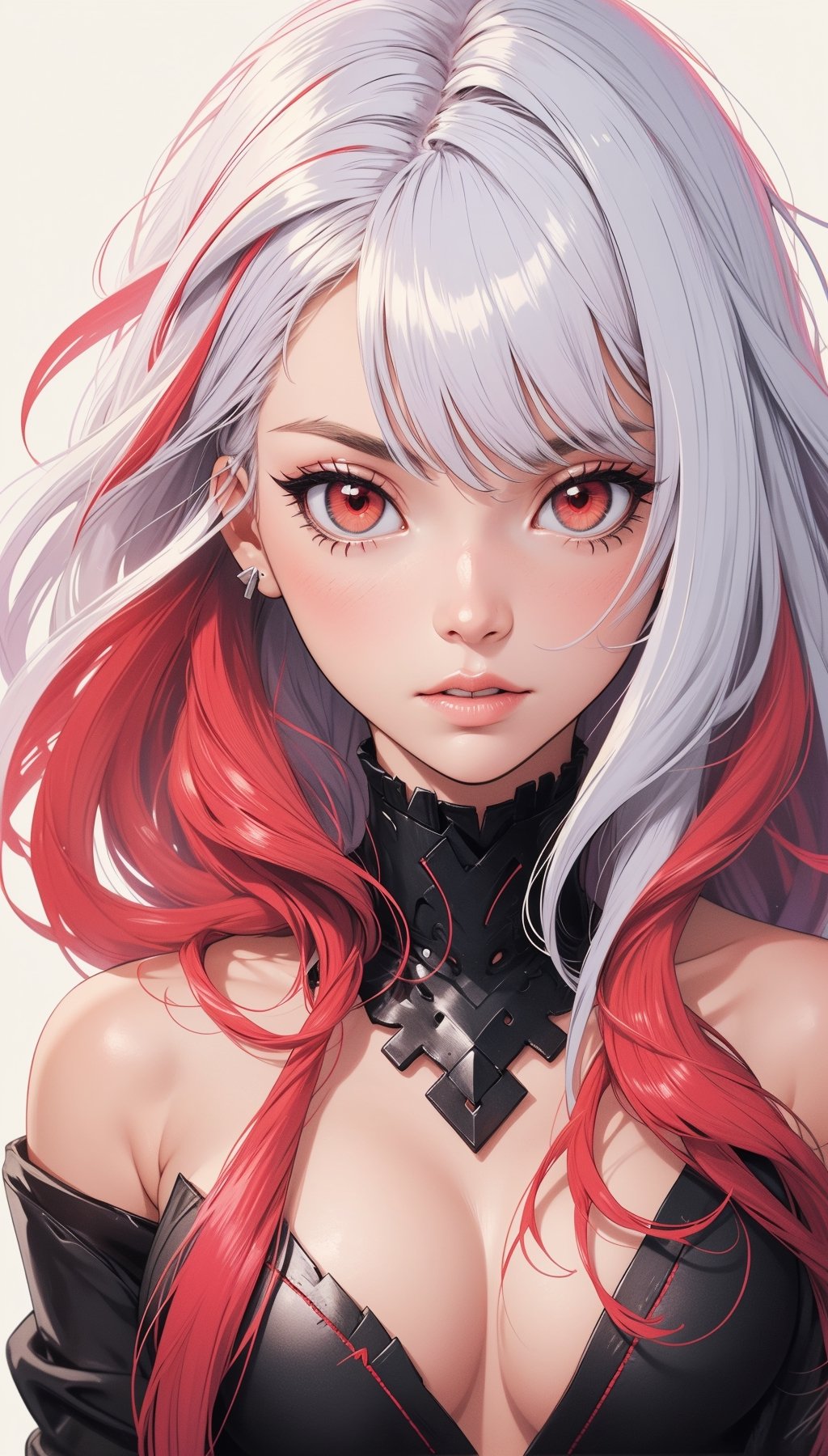 one woman, ((blank background)), (vibrant color hair), head and shoulders portrait, long_hair, pale, bangs, red_eyes, warrior, large breasts, large forhead