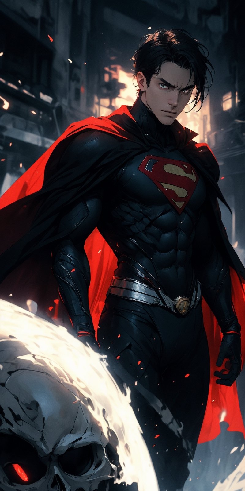 Superman standing surrounded by skulls and death, (black cape), red eyes, glowing eyes, long hair, black hair, pale_skin:1.3, masterpiece, ultra detailed image, a perfect image unfolds with 8k resolution, professional, HDR, high resolution, best illumination, extremely detailed, ray tracing, realistic lighting effects, dark colors, sad colors, neon noir illustration, solo_focus