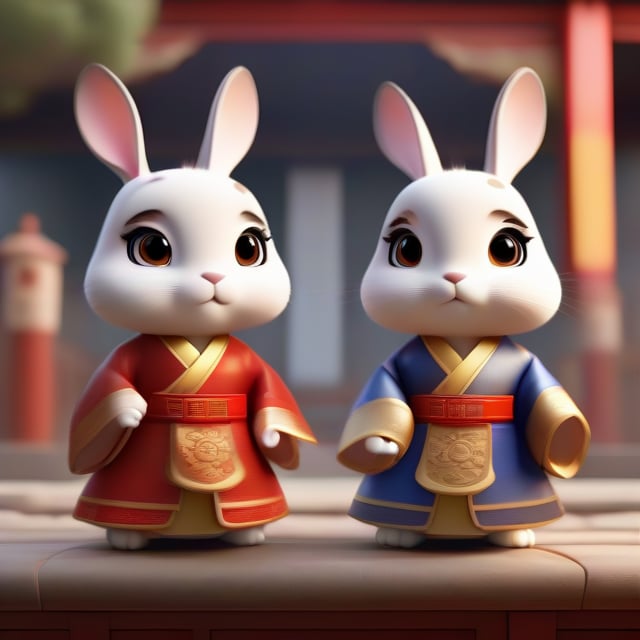 3d style  A cute Chinese style cartoon rabbit with an ancient style character image,A pair of big eyes,dressed in Chinese Hanfu! ! ! , with full body front view, high – quality, silhouette light, and a Chinese style architectural background, highly detailed and full of vitality. Cinematic, stunning,realistic, dramatic, shocking, with a 35mm lens, realistic and warm light, with ray tracing of 8k POP Mart style, Chinese style, super fine, soft focus, oc rendering, 3d