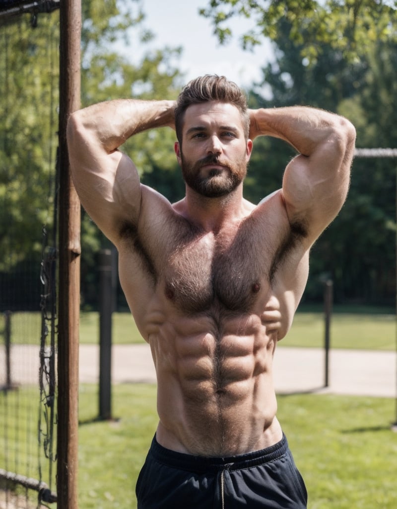 8K masterpiece, photograph, bearded man, confident expression, (shirt):1.5, (lifting tanktop to reveal big hard nipples and extremely hairy chest):1.5, relaxed stance, vertical slat fence background, neutral color, outdoor setting, realistic appearance, (best quality):1.5, Sexy Muscular