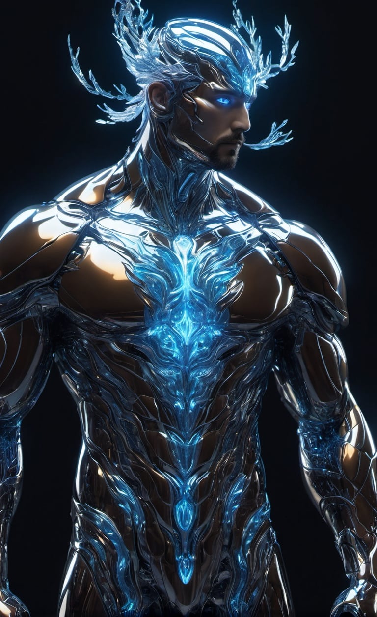 the glass beautiful man, body, full body, symmetry, nature, subsurface scattering, transparent, translucent skin, glow, bloom, Bioluminescent liquid,3d style,cyborg style,Movie Still,Leonardo Style, cool color, vibrant, volumetric light (masterpiece, top quality, best quality, official art, beautiful and aesthetic:1.2), (1man), extreme detailed,(abstract, fractal art:1.3),colorful hair,highest detailed, detailed_eyes, fire, water, ice, lightning, light_particles, ghost, Man, muscles, perfect body, five fingers, perfect hands, anatomically perfect body, sexy posture, thick beard, sexy beard, brown eyes, silver hair, curly hair, ice crown, embroidered cap, king, angel, god,NightmareFlame