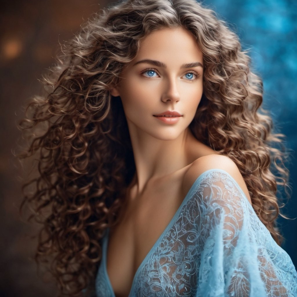 Woman, perfect body, five fingers, perfect hands, anatomically perfect body, sexy posture, blue eyes, brown hair, silverhair, curly hair,  mystical, bioluminiscent