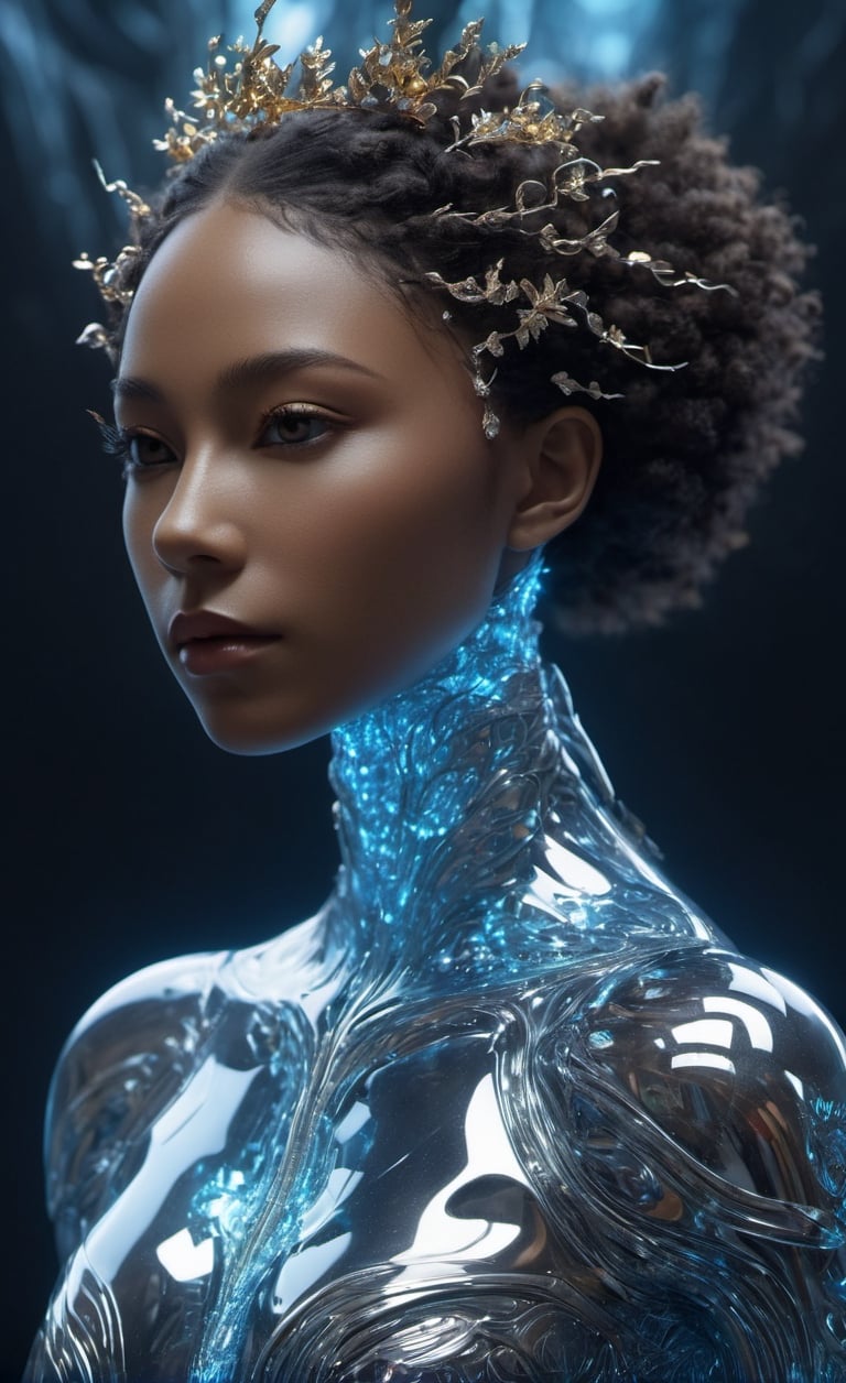 the glass beautifulblack woman, body, full body, big breast, wide hip, fat ass, symmetry, nature, subsurface scattering, transparent, translucent skin, glow, bloom, Bioluminescent liquid,3d style,cyborg style,Movie Still,Leonardo Style, cool color, vibrant, volumetric light (masterpiece, top quality, best quality, official art, beautiful and aesthetic:1.2), (1woman), extreme detailed,(abstract, fractal art:1.3),colorful hair,highest detailed, detailed_eyes, fire, water, ice, lightning, light_particles, ghost, woman, perfect body, five fingers, perfect hands, anatomically perfect body, sexy posture, brown eyes, silver hair, curly hair, ice crown, embroidered cap, qeen,NightmareFlame