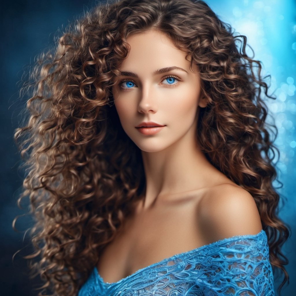 Woman, perfect body, five fingers, perfect hands, anatomically perfect body, sexy posture, blue eyes, brown hair, silverhair, curly hair,  mystical, bioluminiscent