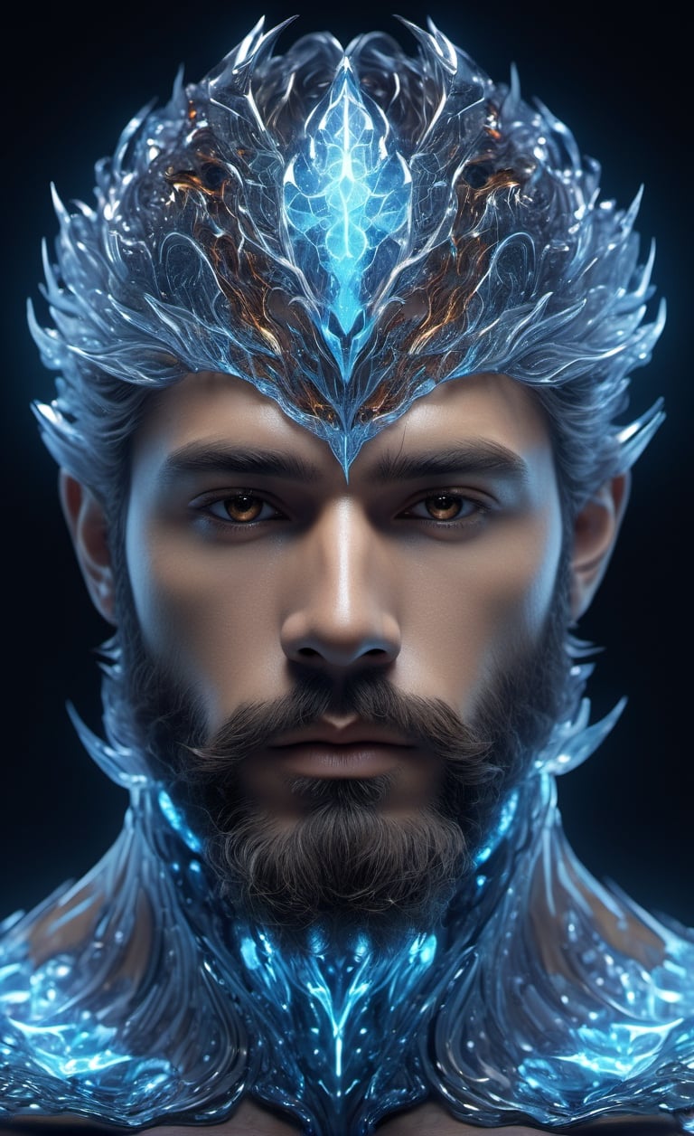 the glass beautiful man, body, full body, symmetry, nature, subsurface scattering, transparent, translucent skin, glow, bloom, Bioluminescent liquid,3d style,cyborg style,Movie Still,Leonardo Style, cool color, vibrant, volumetric light (masterpiece, top quality, best quality, official art, beautiful and aesthetic:1.2), (1man), extreme detailed,(abstract, fractal art:1.3),colorful hair,highest detailed, detailed_eyes, fire, water, ice, lightning, light_particles, ghost, Man, muscles, perfect body, five fingers, perfect hands, anatomically perfect body, sexy posture, thick beard, sexy beard, brown eyes, silver hair, curly hair, ice crown, embroidered cap, king, angel, god,NightmareFlame