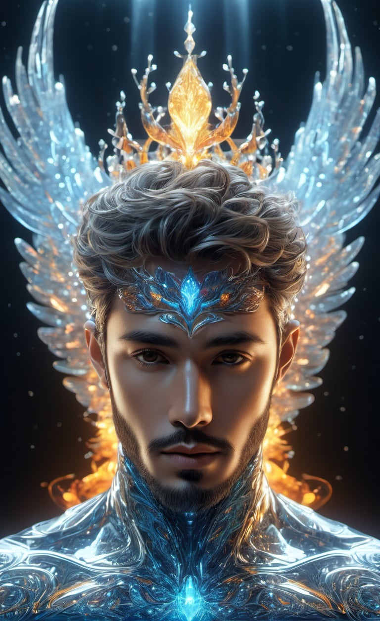 the glass beautiful man, body, full body, symmetry, nature, subsurface scattering, transparent, translucent skin, glow, bloom, Bioluminescent liquid,3d style,cyborg style,Movie Still,Leonardo Style, cool color, vibrant, volumetric light (masterpiece, top quality, best quality, official art, beautiful and aesthetic:1.2), (1man), extreme detailed,(abstract, fractal art:1.3),colorful hair,highest detailed, detailed_eyes, fire, water, ice, lightning, light_particles, ghost, Man, muscles, perfect body, five fingers, perfect hands, anatomically perfect body, sexy posture, thick beard, sexy beard, brown eyes, silver hair, curly hair, ice crown, embroidered cap, king, angel, god