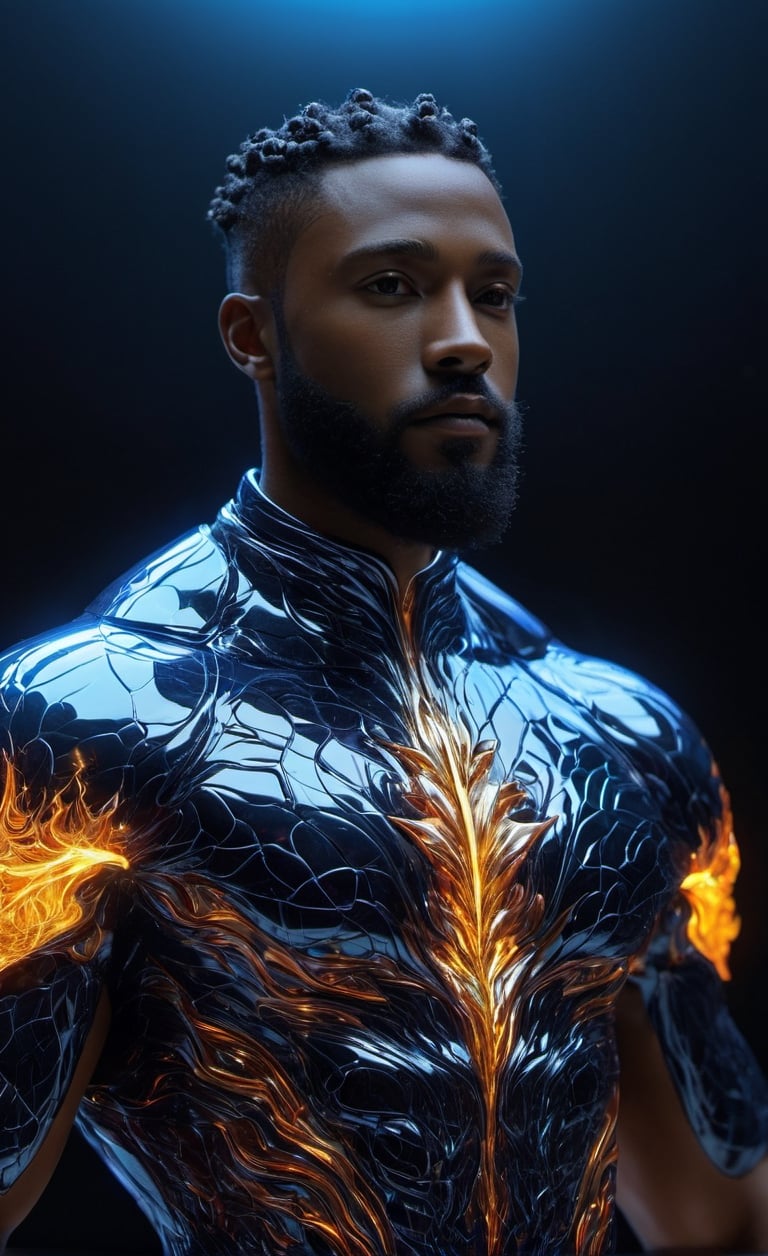 the glass beautiful black man, body, full body, symmetry, nature, subsurface scattering, transparent, translucent skin, glow, bloom, Bioluminescent liquid,3d style,cyborg style,Movie Still,Leonardo Style, cool color, vibrant, volumetric light (masterpiece, top quality, best quality, official art, beautiful and aesthetic:1.2), (1man), extreme detailed,(abstract, fractal art:1.3),colorful hair,highest detailed, detailed_eyes, fire, water, ice, lightning, light_particles, ghost, black Man, muscles, perfect body, five fingers, perfect hands, anatomically perfect body, sexy posture, thick beard, sexy beard, brown eyes, silver hair, curly hair, ice crown, embroidered cap, king, angel, god,NightmareFlame