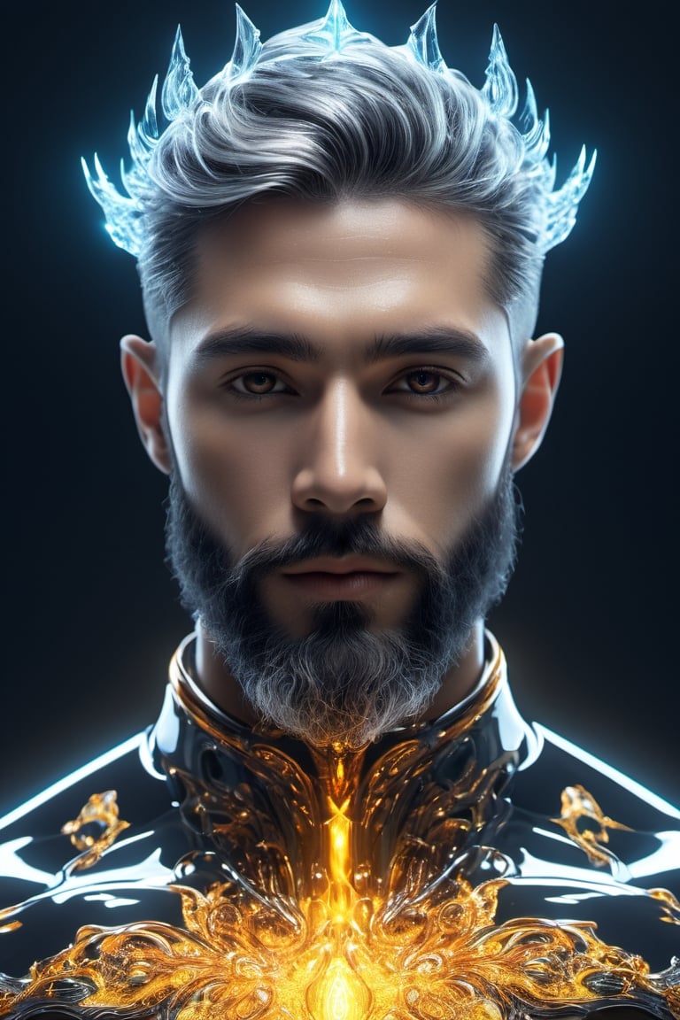 the glass beautiful man, body, full body, symmetry, nature, subsurface scattering, transparent, translucent skin, glow, bloom, Bioluminescent liquid,3d style,cyborg style,Movie Still,Leonardo Style, cool color, vibrant, volumetric light (masterpiece, top quality, best quality, official art, beautiful and aesthetic:1.2), (1man), extreme detailed,(abstract, fractal art:1.3),colorful hair,highest detailed, detailed_eyes, fire, water, ice, lightning, light_particles, ghost, Man, muscles, perfect body, five fingers, perfect hands, anatomically perfect body, sexy posture, thick beard, sexy beard, brown eyes, silver hair, curly hair, ice crown, embroidered cap, king, angel, god,NightmareFlame, all body