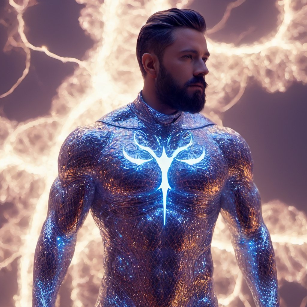 the glass beautiful man, body, full body, symmetry, nature, subsurface scattering, transparent, translucent skin, glow, bloom, Bioluminescent liquid,3d style,cyborg style,Movie Still,Leonardo Style, cool color, vibrant, volumetric light (masterpiece, top quality, best quality, official art, beautiful and aesthetic:1.2), (1man), extreme detailed,(abstract, fractal art:1.3),colorful hair,highest detailed, detailed_eyes, fire, water, ice, lightning, light_particles, ghost, Man, muscles, perfect body, five fingers, perfect hands, anatomically perfect body, sexy posture, thick beard, sexy beard, brown eyes, silver hair, curly hair, ice crown, embroidered cap, king, angel, god,NightmareFlame,male,photo r3al