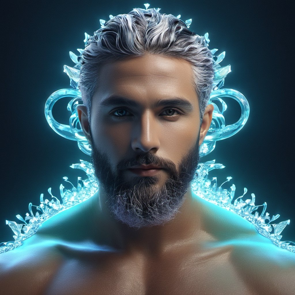 the glass beautiful man, body, full body, symmetry, nature, subsurface scattering, transparent, translucent skin, glow, bloom, Bioluminescent liquid,3d style,cyborg style,Movie Still,Leonardo Style, cool color, vibrant, volumetric light (masterpiece, top quality, best quality, official art, beautiful and aesthetic:1.2), (1man), extreme detailed,(abstract, fractal art:1.3),colorful hair,highest detailed, detailed_eyes, fire, water, ice, lightning, light_particles, ghost, Man, muscles, perfect body, five fingers, perfect hands, anatomically perfect body, sexy posture, thick beard, sexy beard, brown eyes, silver hair, curly hair, ice crown, embroidered cap, king, shirtless, god,NightmareFlame, (full top body)1.5