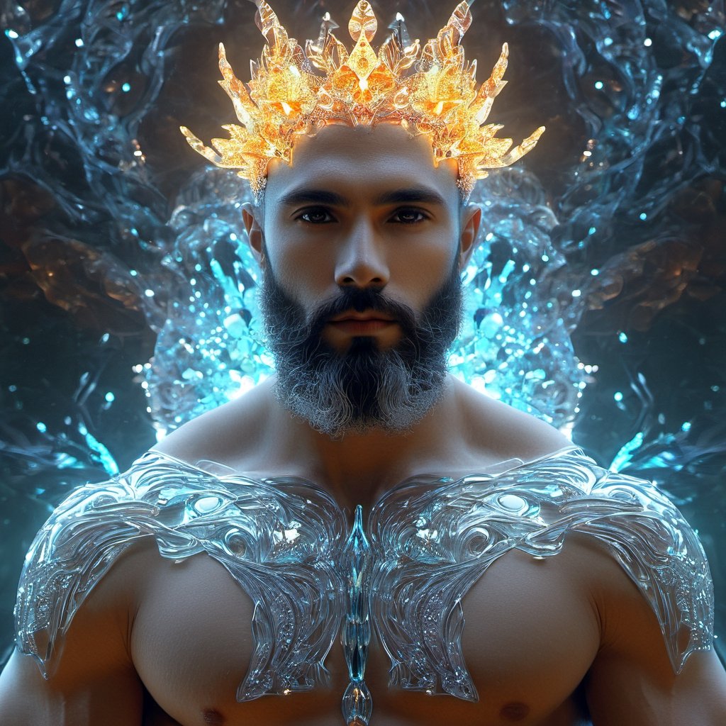 the glass beautiful man, body, full body, symmetry, nature, subsurface scattering, transparent, translucent skin, glow, bloom, Bioluminescent liquid,3d style,cyborg style,Movie Still,Leonardo Style, cool color, vibrant, volumetric light (masterpiece, top quality, best quality, official art, beautiful and aesthetic:1.2), (1man), extreme detailed,(abstract, fractal art:1.3),colorful hair,highest detailed, detailed_eyes, fire, water, ice, lightning, light_particles, ghost, Man, muscles, perfect body, five fingers, perfect hands, anatomically perfect body, sexy posture, thick beard, sexy beard, brown eyes, silver hair, curly hair, ice crown, embroidered cap, king, shirtless, god,NightmareFlame, all body