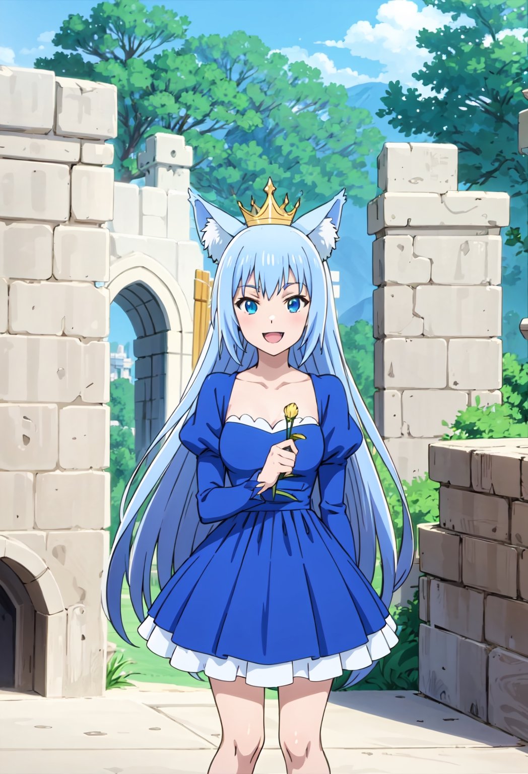 (masterpiece), best quality, hires, Fairy Queen (Toaru Ossan no VRMMO Katsudouki), happy face, (clothing), blue dress mini (👗), In terrace palace, ,fairyqueen