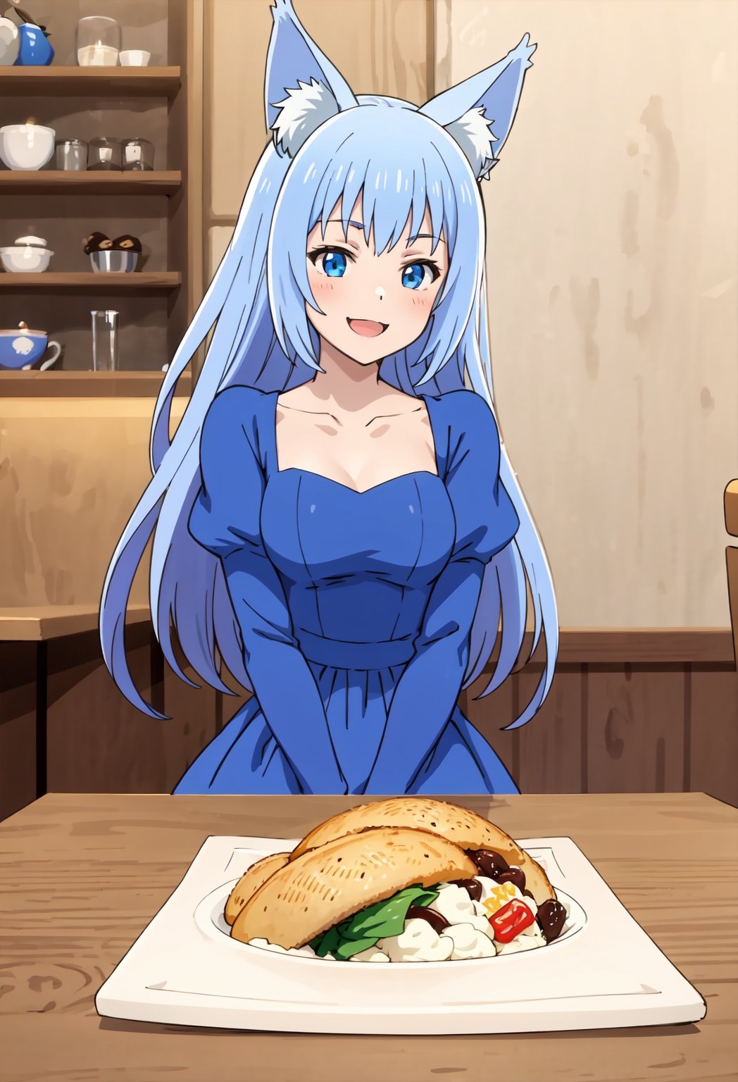 (masterpiece), best quality, hires, Fairy Queen (Toaru Ossan no VRMMO Katsudouki), happy face, (clothing), blue dress mini (👗), in a restaurant while leaning on the table