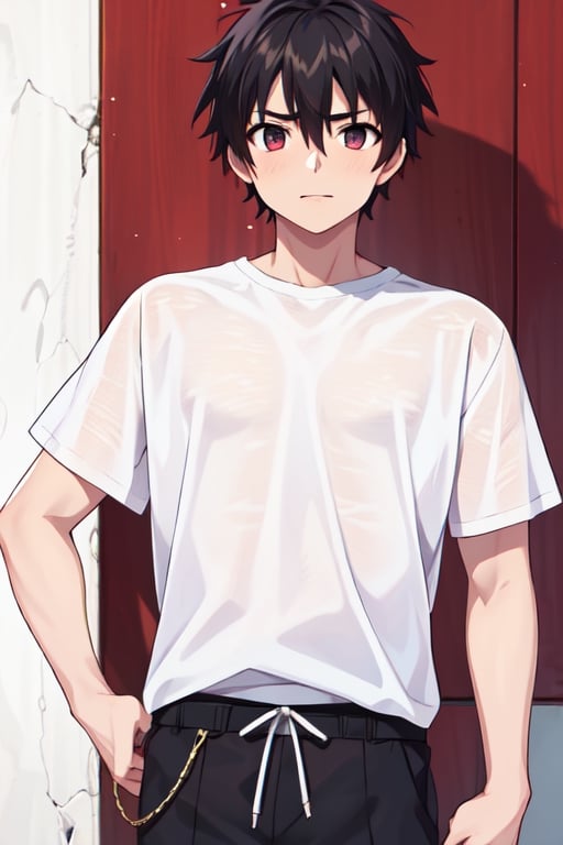 (masterpiece), best quality, (2-dimension_animated), hires, absurdres, (solo boy), white t-shirt, syal scraf, portrait, clothing, ,yotsuya_yuusuke,Germany Male,blue_shirt