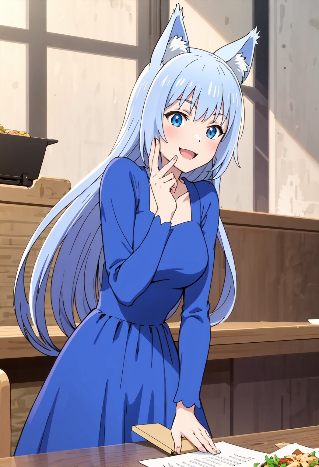 (masterpiece), best quality, hires, Fairy Queen (Toaru Ossan no VRMMO Katsudouki), happy face, (clothing), blue dress mini (👗), in a restaurant while leaning on the dining table