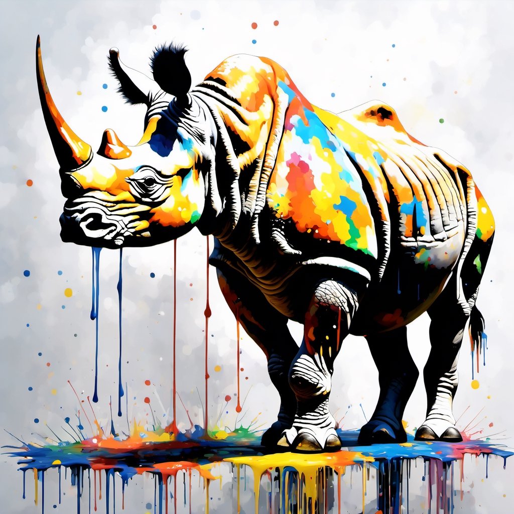rhinoceros , Made in canvas,  viewer,  Colourful,  ultra realistic,  unreal engine , dripping paint,  side view, Emu made entirely of coloured paint and splattered with paint,  abstact, ,dripping paint, full shot, full body
