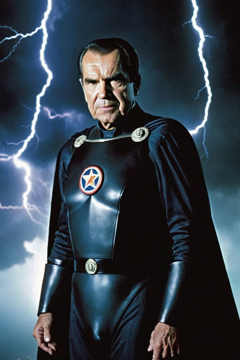 A sinister shot of Richard Nixon, transfigured into General Zod from the DC Universe. Nixon dressed a black Framed in a dark, ominous key light, Nixon's face is contorted in a maniacal grin, his eyes gleaming with malevolent intent. Nixon wears a black Kryptonian uniform. His hands are clasped behind his back, as if plotting global domination. The background is a dark, smoky cityscape, with flashes of lightning illuminating the clouds, symbolizing the destruction he intends to unleash.