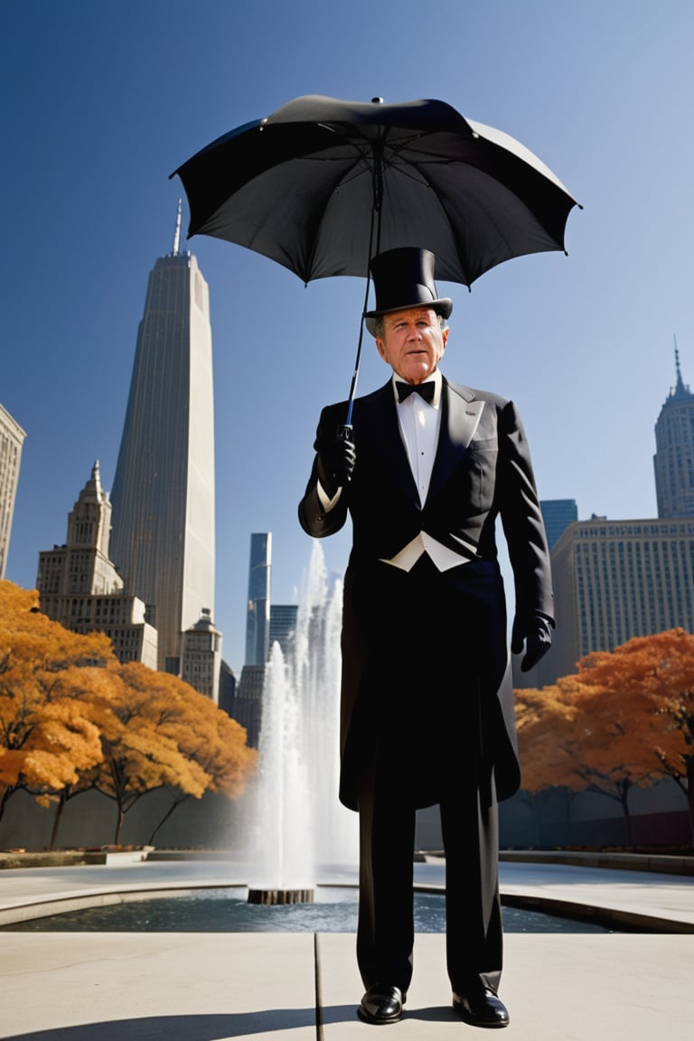 A surreal scene unfolds: ((George Bush Jr.)), donning a sleek black tuxedo and top hat, assumes the guise of the Penguin from DC Comics' Batman franchise. He stands proudly, his umbrella grasped firmly in hand, against the striking backdrop of the Twin Towers. Soft morning light casts long shadows across the concrete plaza, emphasizing the eerie juxtaposition of the former US President's iconic persona with the fallen landmarks.