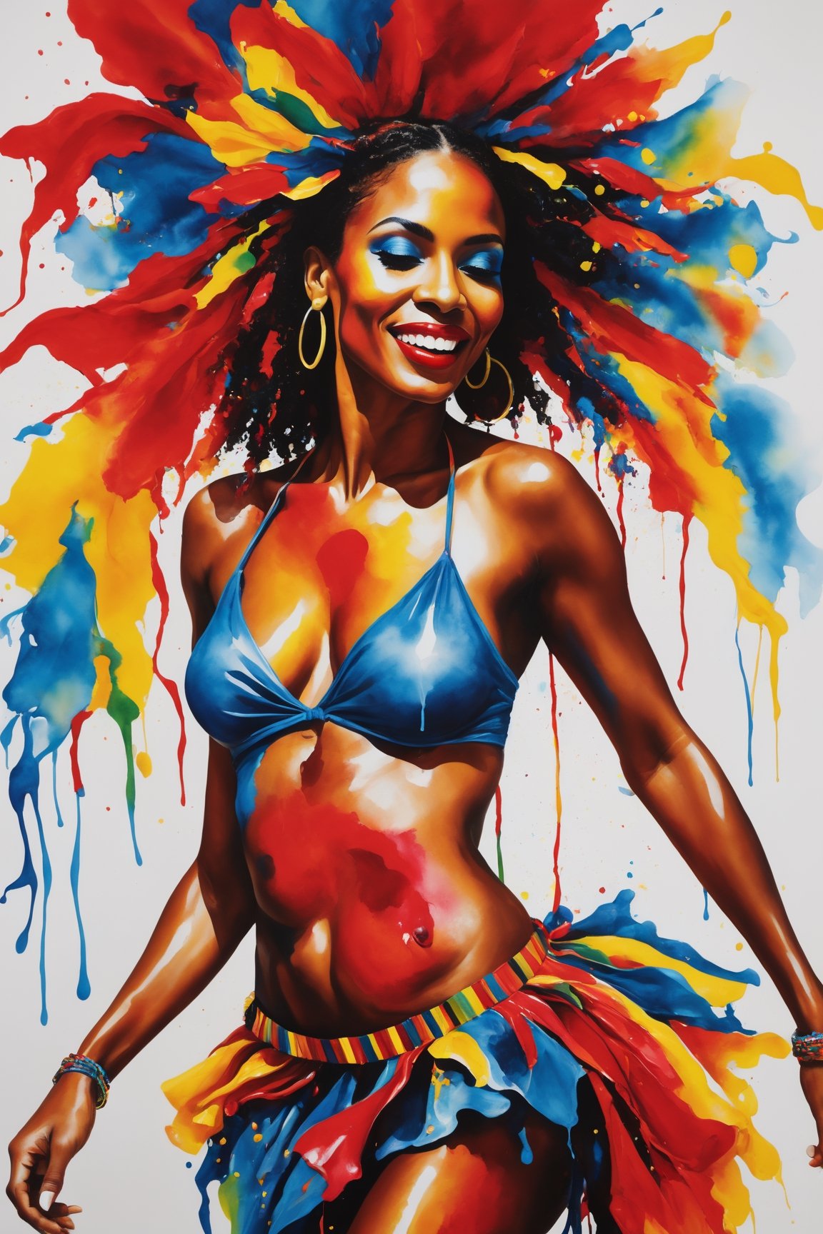 An enchanting, vivid portrait of a woman celebrating Trinidad's Jouvert, in kinetic art. (good breasts), lip gloss, lips red, Her face and body are adorned with vibrant splashes of paint and mud, embodying the exuberant spirit and energy of the festival. She dances joyfully, her movements captured with expressive brushstrokes that convey the rhythm and excitement of the celebration. The vivid colors and fluid technique of the watercolor medium perfectly capture the essence of Jouvert and the rich cultural heritage of Trinidad, 
party in the square background, dripping paint, 
serpentine,