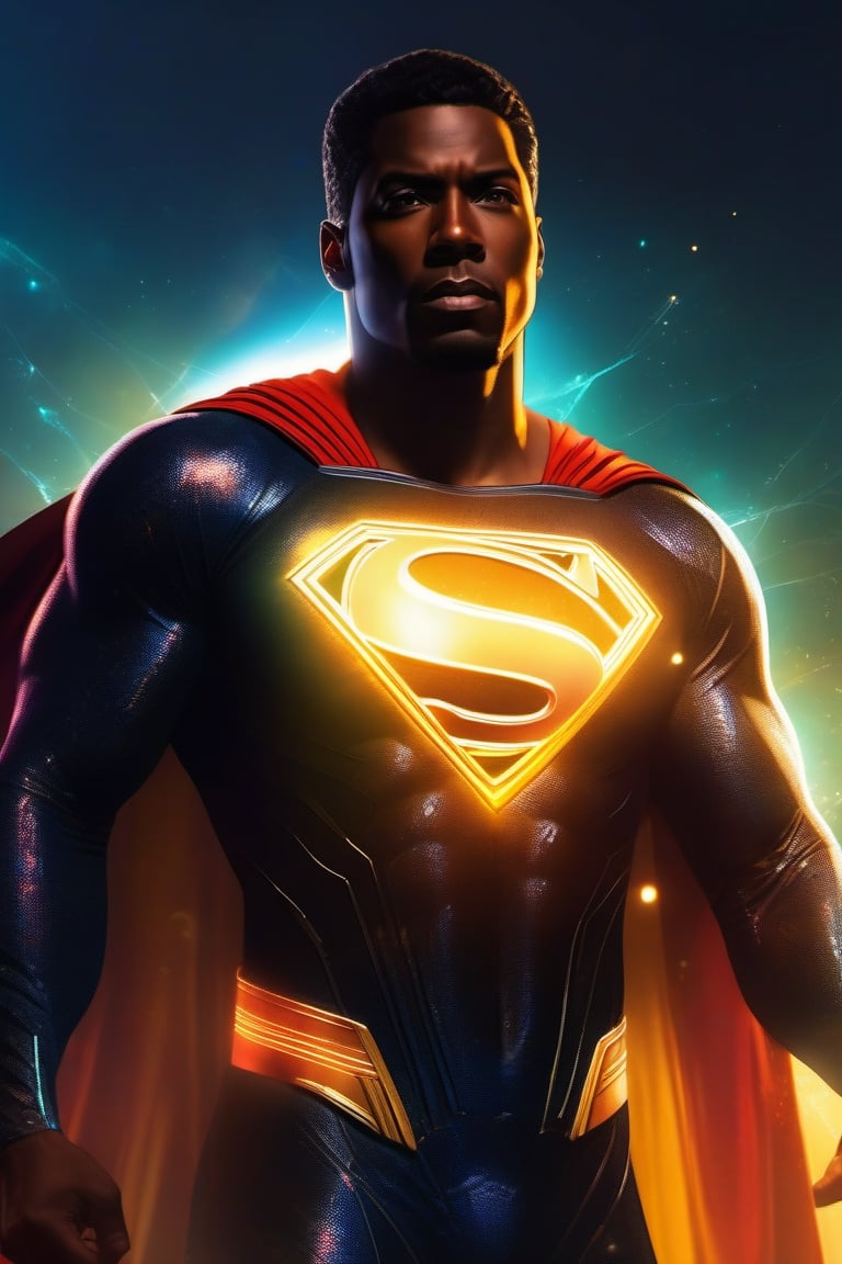 Black man, a beautiful full body translucent superman, bright color, points of internal light all over the body, amber style light, complex illustration, Mysterious