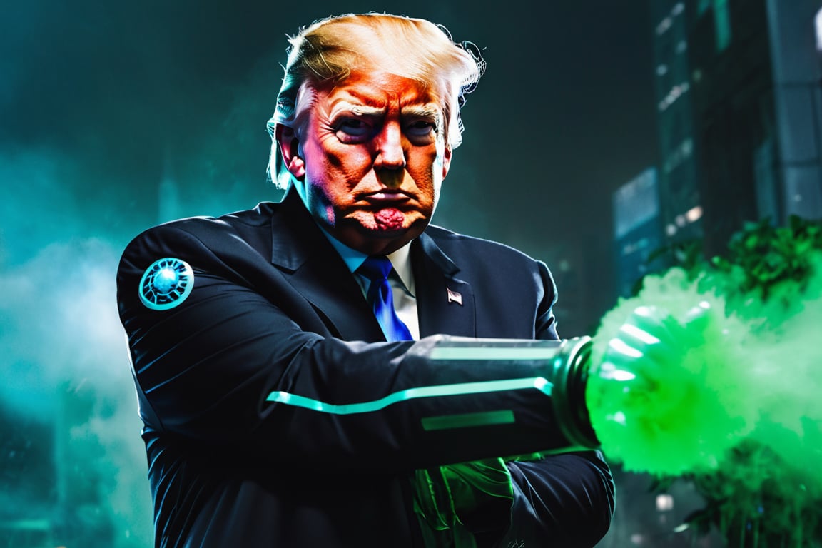 Close-up shot of Donald Trump, dressed in a sleek black Mr. Freeze costume, his face contorted in a fierce scowl. He's holding a freeze gun, ready to unleash a blast of icy coldness at Kamala Harris, who's standing opposite him dressed in a green Poison Ivy outfit, her eyes gleaming with malevolent intent. The background is a dark, misty cityscape, with neon lights reflecting off the wet pavement. Trump's pose is aggressive, one hand grasping his gun, the other clenched into a fist as he prepares to take down Harris.