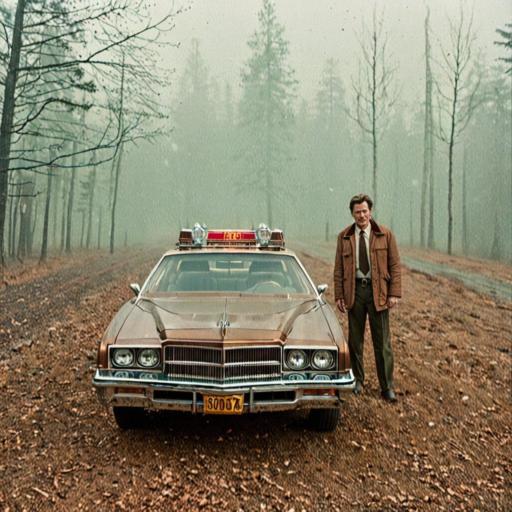 cinematic of Copper ((Kyle MacLachlan)), detective in Twin Peaks side a Pontiac, sci-fi, thick fog, neon, forestpunk, filmed by an Super 8 mm camera, inspired by the series Stranger Things,Movie Still,old style,Landskaper, dodge diplomat 1981 background,
