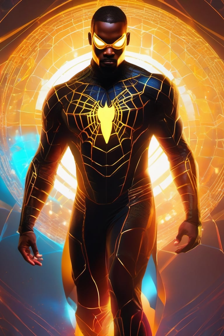 A black man, a beautiful full body translucent spaider man, ((without mask)), bright color, points of internal light all over the body, amber style light, complex illustration, Mysterious