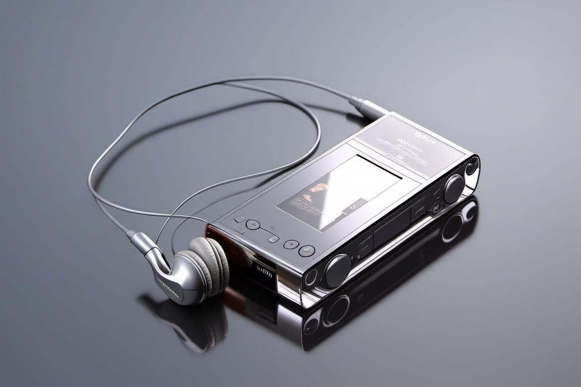 Render an ultra-realistic walkman sony, whole view, mirrored reflective art, great angular, 