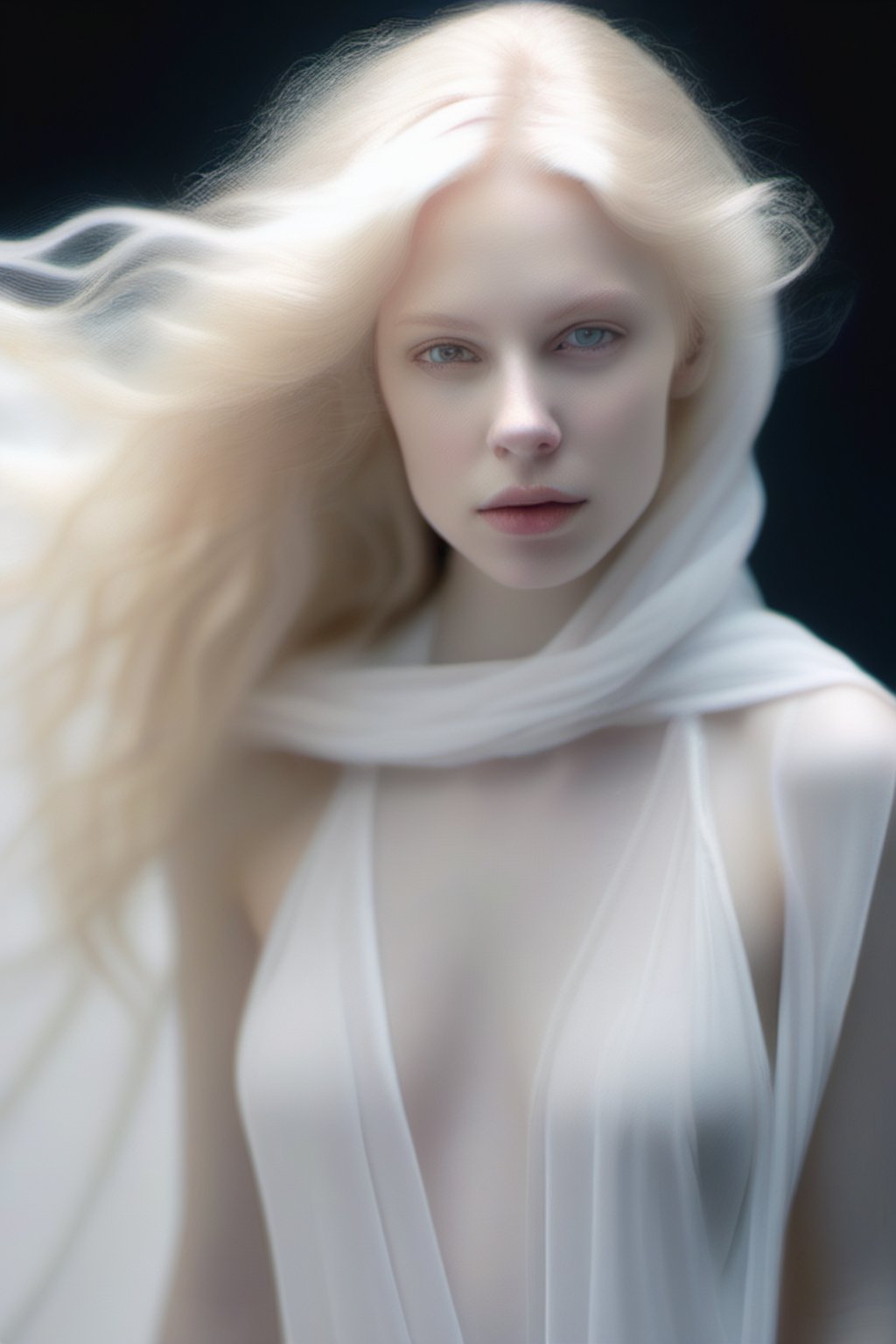 blond woman with white eyes, wearing white light see through dress and a white scarf in a white background, her hair is flowing in the wind, incredibly ethereal, ethereal hair, ethereal beauty, very ethereal, pale skin curly blond hair, a stunning young ethereal figure, pale complexion, soft portrait shot 8 k, a still of an ethereal, pale woman, soft ethereal lighting, porcelain pale skin, portrait of albino mystic, ethereal soft and fuzzy glow, cinematics, color grading, ultra-wide angle, depth of field, hyper detailed