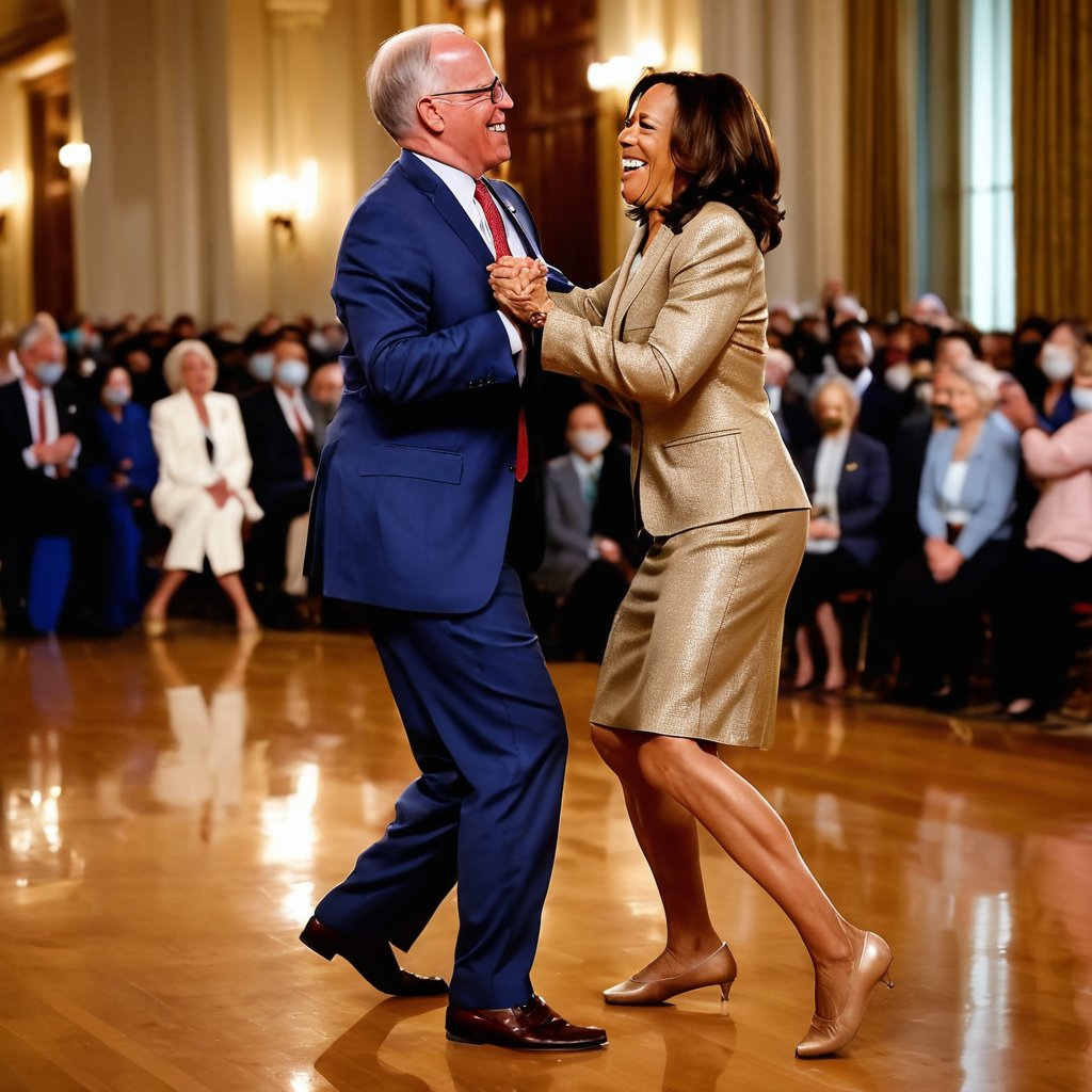 A tender moment captured in a warm, golden-lit ballroom setting. Kamala Harris and Tim Walz, (((both without mouth))), coversglide across the polished floor, ((real faces)), their feet moving in perfect harmony as they sway to the soft melody of a waltz. The Senator's bright smile and Congressman's charming grin light up the scene, their joy infectious as they lose themselves in the rhythm. ((without mouth cover)), NO mouth cover,