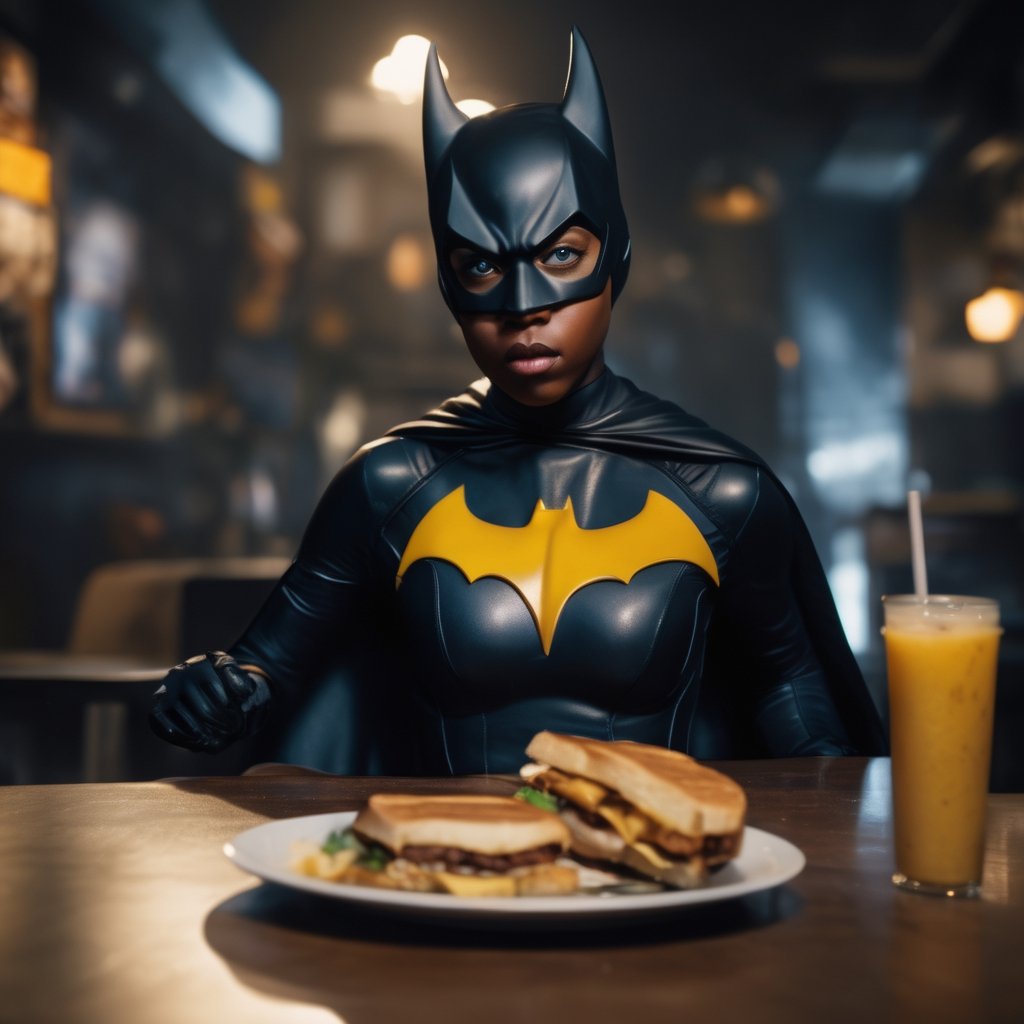 15 years old blackgirl wearing as batgirl, she is eating soul food, looking at viewer, photography, detailed skin, realistic, photo-realistic, 8k, highly detailed, full length frame, High detail RAW color art, diffused soft lighting, shallow depth of field, sharp focus, hyperrealism, cinematic lighting, realistic skin