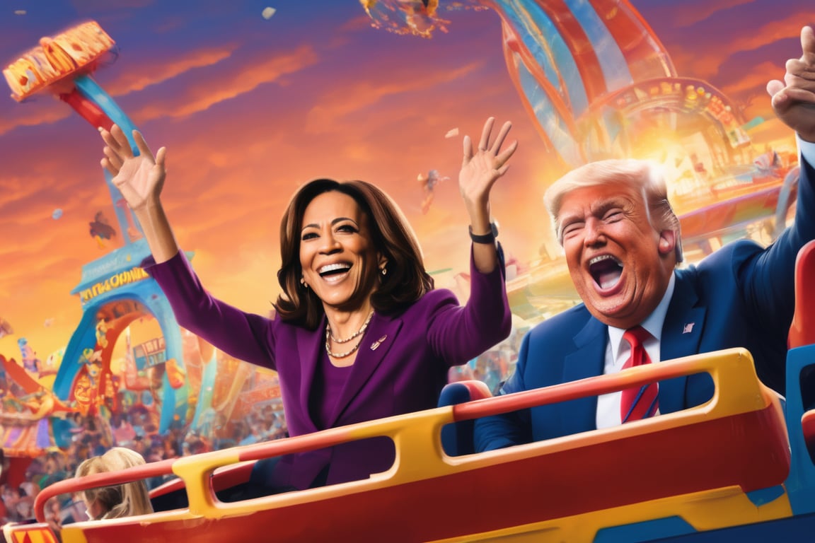 A thrilling amusement park scene: Kamala Harris and Donald Trump seated side by side on a colorful roller coaster, their faces lit up with excitement. The sun shines bright overhead, casting a warm glow on the joyful duo as they scream in unison as the roller coaster drops down a steep incline. Harris's hands grip the safety bar tightly, while Trump's arms are stretched out wide, his signature comb-over fluttering in the wind.