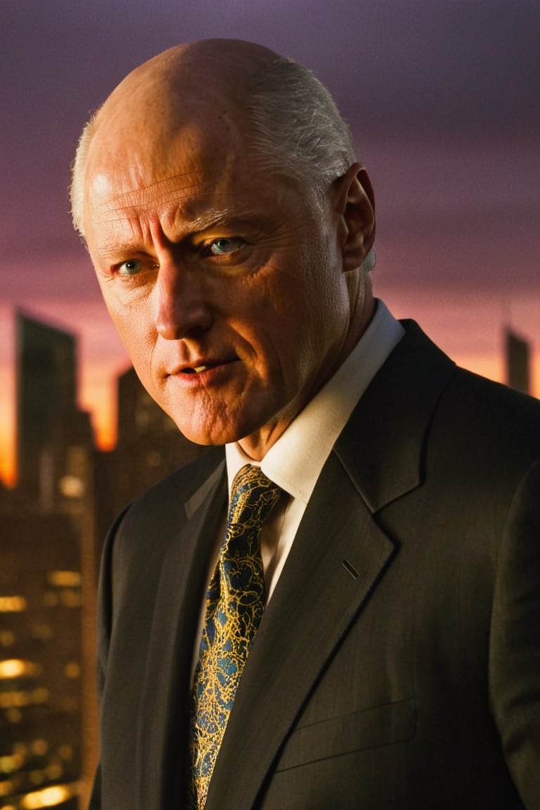 Bill Clinton's like the diabolical mastermind: Lex Luthor, bald, dressed as lex luthor, Framed in a low-angle shot, imposing figure towers over a cityscape at dusk, his eyes gleaming with intellectual intensity as he plots global domination from the rooftop of a sleek skyscraper. The warm golden light of the setting sun casts long shadows across his face, emphasizing the calculating gaze and sharp jawline of a supervillain in the making.