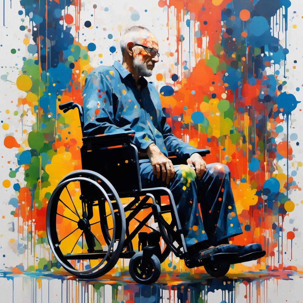 man in wheelchair , Made in canvas,  viewer,  Colourful,  ultra realistic,  unreal engine , dripping paint,  side view, man made entirely of coloured paint and splattered with paint,  abstact, ,dripping paint, full shot, full body, background multicolorsjungle