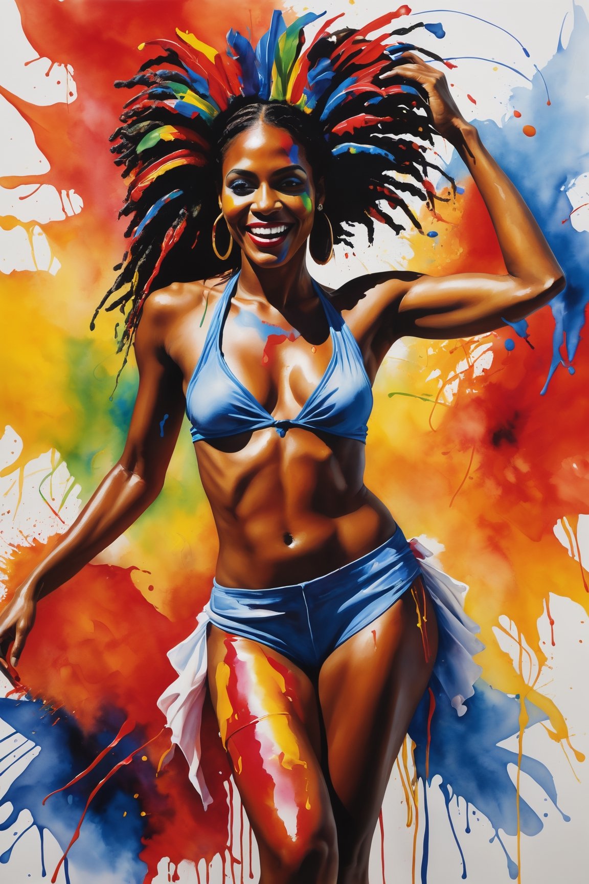 An enchanting, vivid portrait of a woman celebrating Trinidad's Jouvert, in kinetic art. Her face and body are adorned with vibrant splashes of paint and mud, embodying the exuberant spirit and energy of the festival. She dances joyfully, her movements captured with expressive brushstrokes that convey the rhythm and excitement of the celebration. The vivid colors and fluid technique of the watercolor medium perfectly capture the essence of Jouvert and the rich cultural heritage of Trinidad. 
party in the square background,