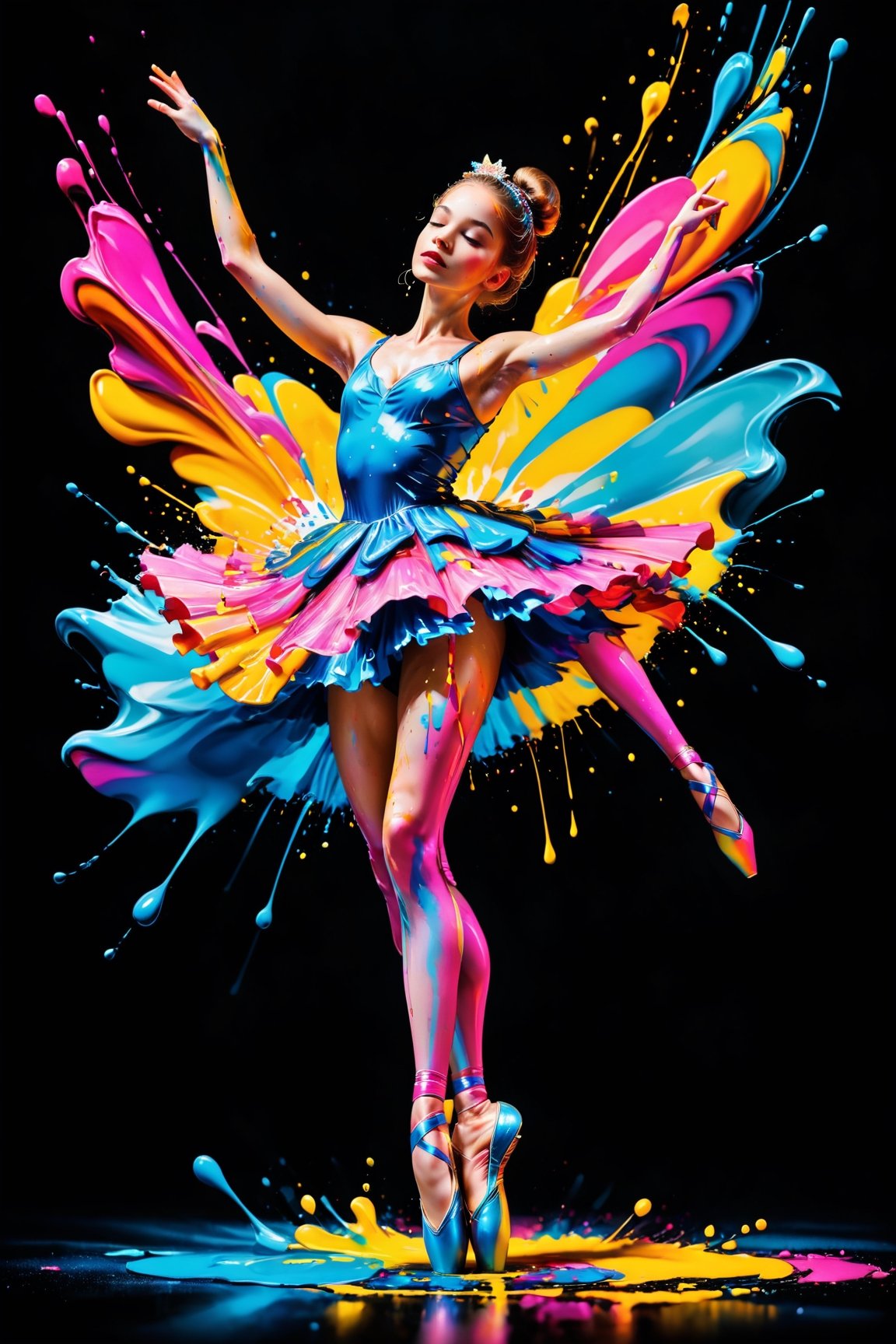 ColorART, Vibrant, dynamic, and colourful portrait photography featuring paint splashes. dripping paint, High-speed shutter, speedlight flash, long exposure. Blended light, large legs, artistic composition, amazing OHWX dressed as 1 ballerina, High-quality, ultra high-resolution image,make_3d