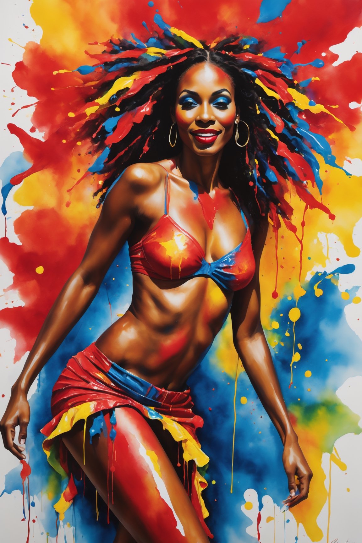 An enchanting, vivid portrait of a woman celebrating Trinidad's Jouvert, in kinetic art. (good breasts), lip gloss, lips red, Her face and body are adorned with vibrant splashes of paint and mud, embodying the exuberant spirit and energy of the festival. She dances joyfully, her movements captured with expressive brushstrokes that convey the rhythm and excitement of the celebration. The vivid colors and fluid technique of the watercolor medium perfectly capture the essence of Jouvert and the rich cultural heritage of Trinidad, 
(party in the street background), dripping paint, large tits,
serpentines falling down, cute knees, whole body view, 