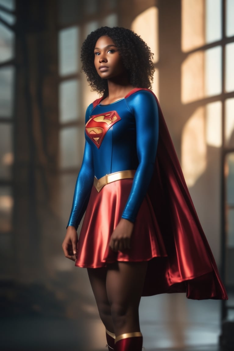 15 years old blackgirl wearing as supergirl, looking at above, photography, big breasts, detailed skin, realistic, photo-realistic, 8k, highly detailed, full length frame, High detail RAW color art, diffused soft lighting, shallow depth of field, sharp focus, hyperrealism, cinematic lighting, realistic skin