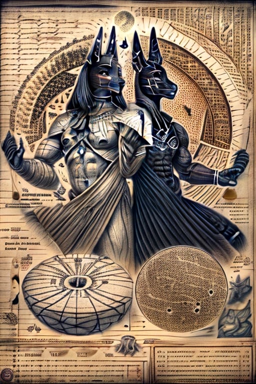 Lunar Guardians of Anubis: UFOs guarded by lunar spirits of Anubis patrol the skies of Egypt, safeguarding cosmic secrets while intertwining with arcane lunar energies,UFO_Alchemy, diagram, Anubis, jackal, Vitruvian man, male, muscular, arms outstretched, flat, esoteric theme, old paper, illustration, worm-eaten paper texture, 4k illustration, octa render