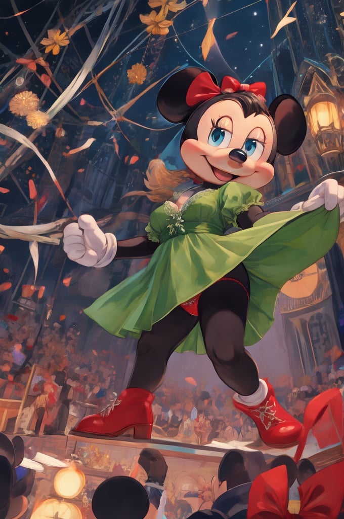 Cartoon, chibi, (Minnie Mouse), mouse, (((black body))),, light face, round ears, medium breast, shapely tighs, clothing, clothed, dress, short sleeves, fluffy sleeves, short dress, ((green dress)), bow, red bow, head accessory, headgear, High steel, red footwear, footwear, underwear, panties, red panties, lace panties, stage, night, dance, action pose, smiling, closed eyes, low-angle view, dutch angle, pantyshot, panchira, upskirt, presenting, presenting panties 