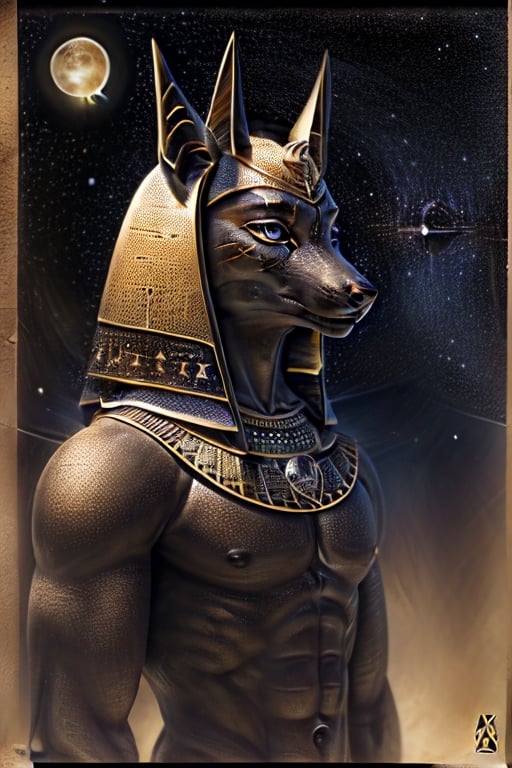 UFO_Alchemy, Lunar Anubis Guardians,  Anubis,  jackal,  canis,  canidae,  mammal,  male,  Egyptian clothing,  ancient Egyptian motif,  Egyptian god,  athletic body,  muscular male,  guardian,  space,  sky with stars,  waning moon,  alone,  diagram,  photorealistic,  illustration,  4k illustration,  (details:1.8),  octa render