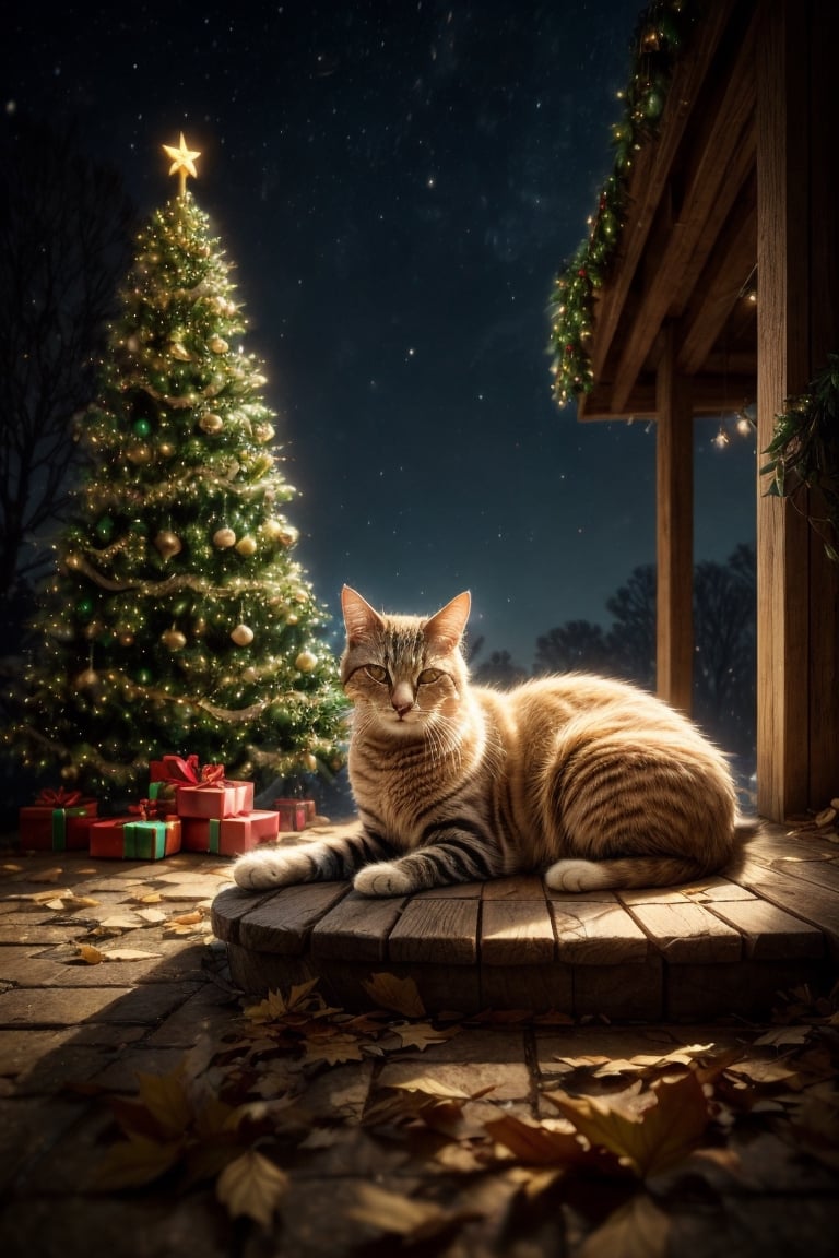 Amidst the tranquility of a woodland glade, a content cat lies peacefully asleep on a bed of fallen leaves. In the background, a majestic Christmas tree stands tall, adorned with twinkling lights that weave through its branches like a cascade of stars. The ambient lighting bathes the scene in a soft, warm glow, casting a serene and enchanting atmosphere. Describe the idyllic image of the slumbering cat against the backdrop of the festive Christmas tree and the magical ambiance, where nature and holiday spirit coalesce into a captivating tableau.

fantasy world, Raw photo, depth of field, UHD, retina, masterpiece, super detail, high details, high quality, award winning, best quality, highres, 1080P, HD, 4K, 8k, 16k, cinematic light, (masterpiece, best quality, ultra-detailed, 8K), dreamlike, aesthetic art, digital art, professional artwork, immersive, intricate details, captivating natural beauty, hyper-detailed, (studio ghibli), makoto shinkai, trending in artstation,photorealistic