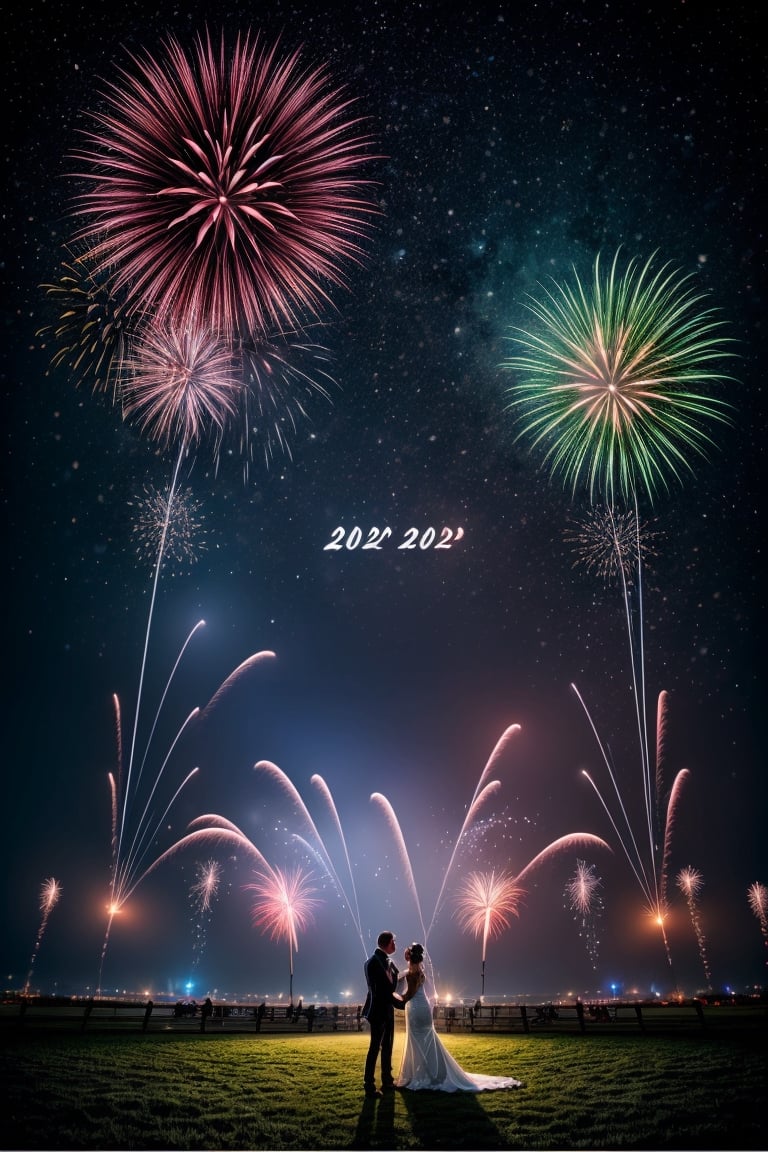 A couple getting married, outdoor, landscape, fireworks in a sky says "Happy New Year 2024", add text "Happy New Year 2024"
,photorealistic,