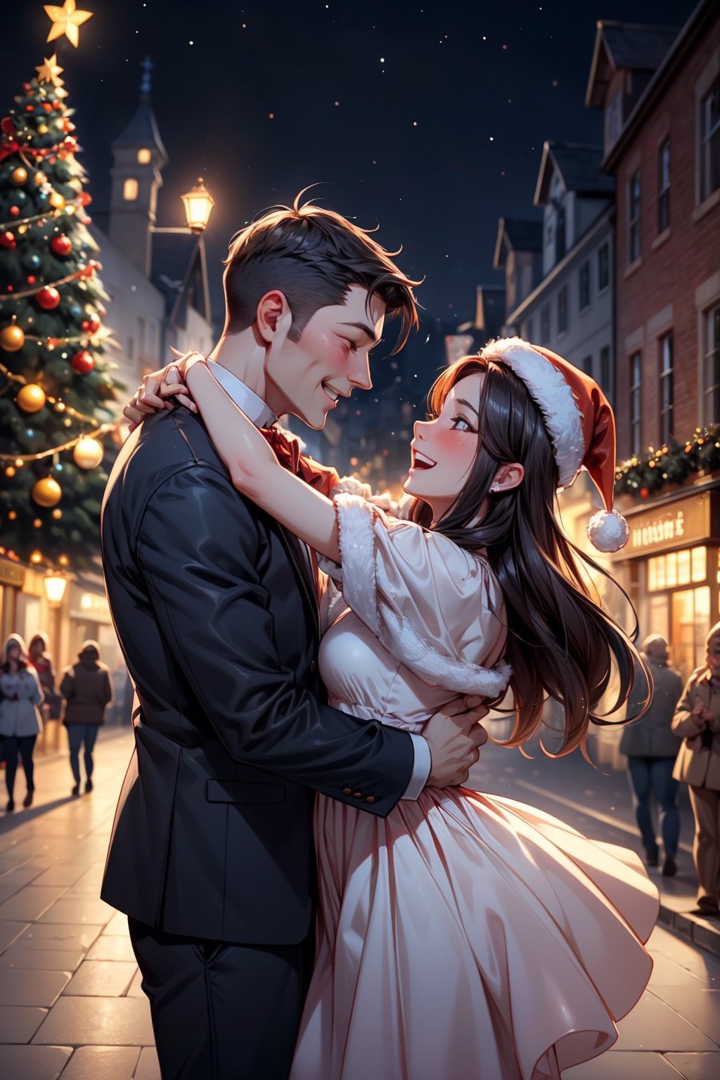 Two happy couples are dancing together wearing Classic outfit, in a town street, night, beautiful Christmas tree, beautiful decorated town for christmas, crowded are, romantic atmosphere,