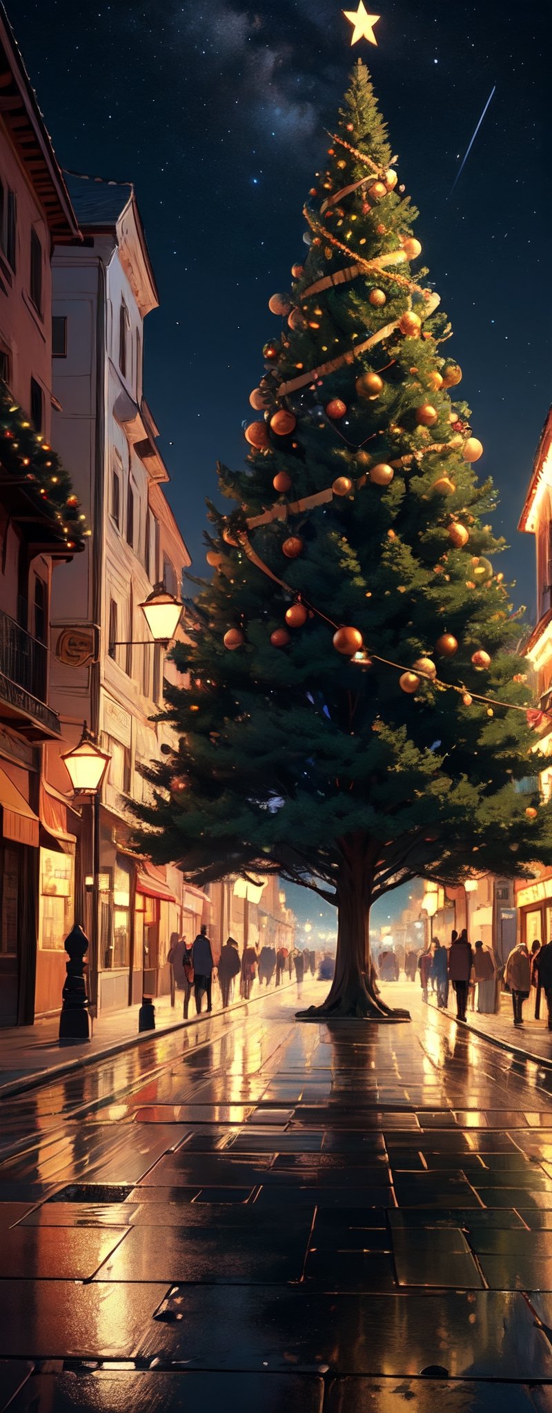 Silhouette of a big Christmas Tree in the town, Christmas lighting, (realism: 1.2), Best Quality, Masterpiece, Natural Light, (RAW Photo, Best Quality, Masterpiece: 1.2), Ray-traced reflections, ultra-high resolution, 16k images, depth of field, starry sky, Anime Art Wallpaper 4K, Anime Art Wallpaper 4K, Anime Art Wallpaper 8K, amazing wallpaper,